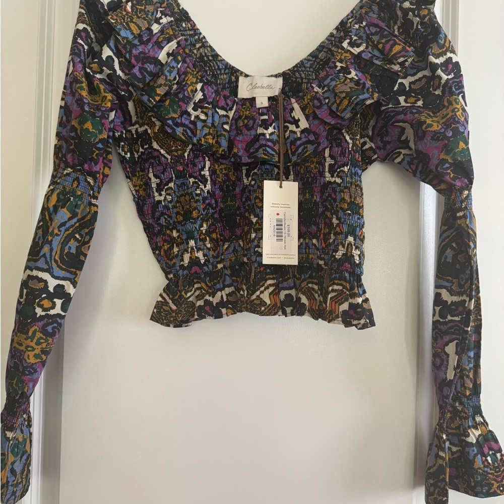 Cleobella Black and Purple Smocked Crop Blouse/Size Small
